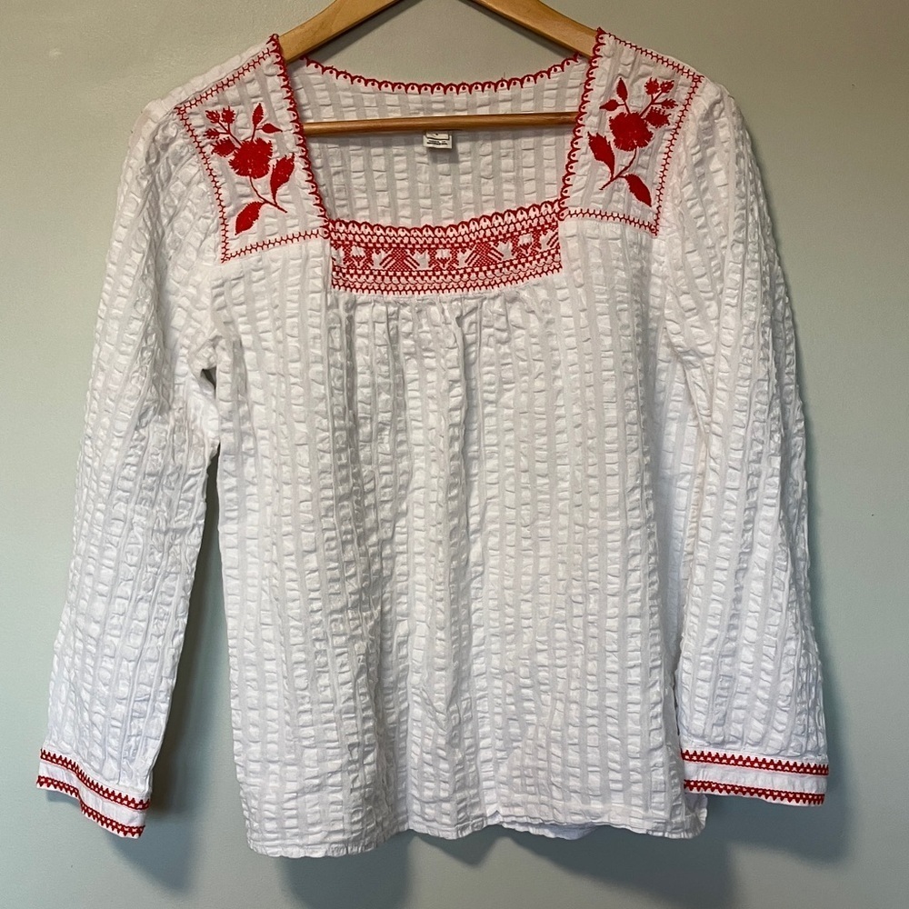 J. Crew White Blouse Seersucker with Orange Embroidery